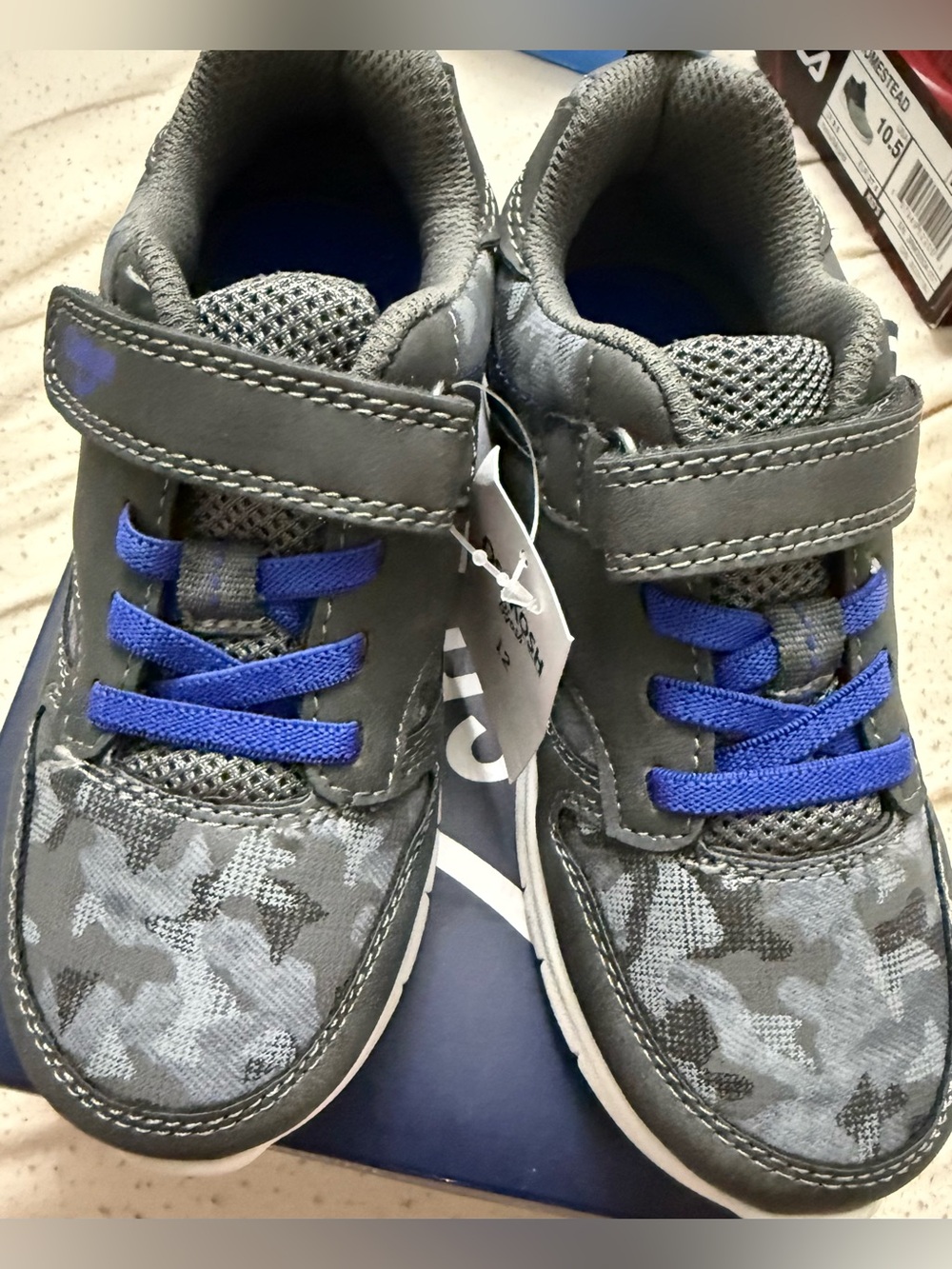 Youth Gray Camo Sneakers with Bright Blue Laces